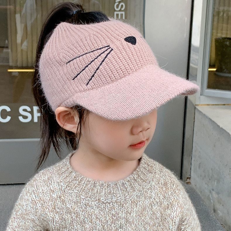 儿童时尚空顶针织鸭舌帽秋冬可爱猫咪女童马尾帽宝宝保暖毛线帽子