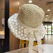 法式 蕾丝蝴蝶结遮阳防晒纸草帽子女出游百搭甜美可爱风可折叠盆帽