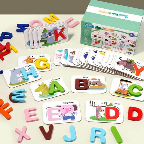Montessori Wooden Spell Word Game Letter Cognitive Card Matc