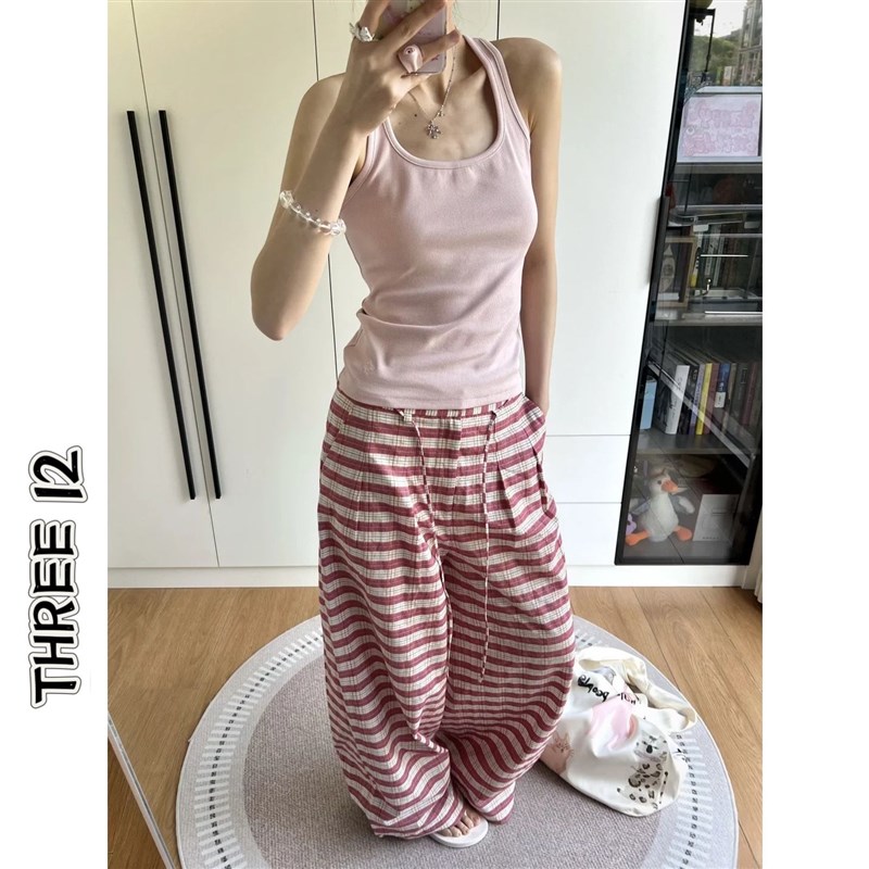 美式复古粉色条纹速干运动裤女夏季薄款宽松慵懒风裤子休闲阔腿裤