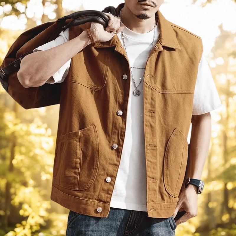 马甲男纯色美式复古工装背心时尚2024春夏季休闲户外黄色牛仔外套,男装,常规马甲,淘宝优惠券,粉丝福利购,淘宝优惠卷