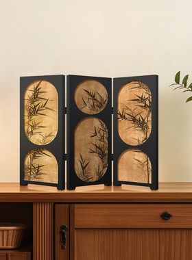 中古风墨竹小屏风摆件茶桌家居边柜斗柜桌面装饰品复古装饰摆画