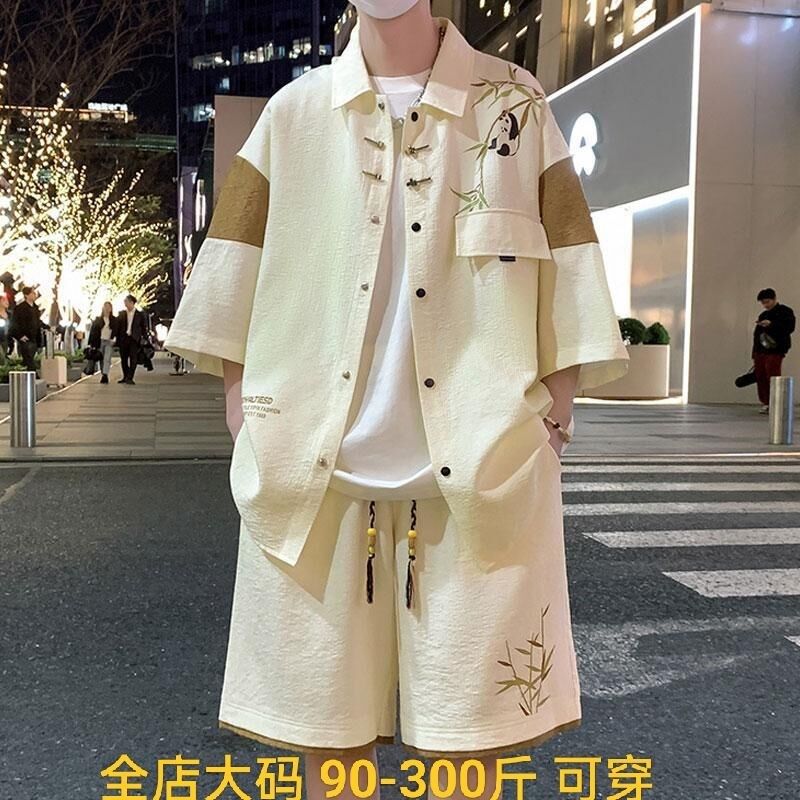 新中式国风套装男夏季宽松加大码衬衫短袖短裤国潮穿搭一整套衣服
