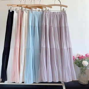 雨雾紫藤高腰压褶半身裙女春夏长款大摆百褶裙子a字显瘦宽松长裙