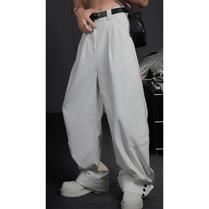 龙叨叨2024夏季新款宽松小众设计感翻边裤脚扣子百搭弯刀裤长裤男