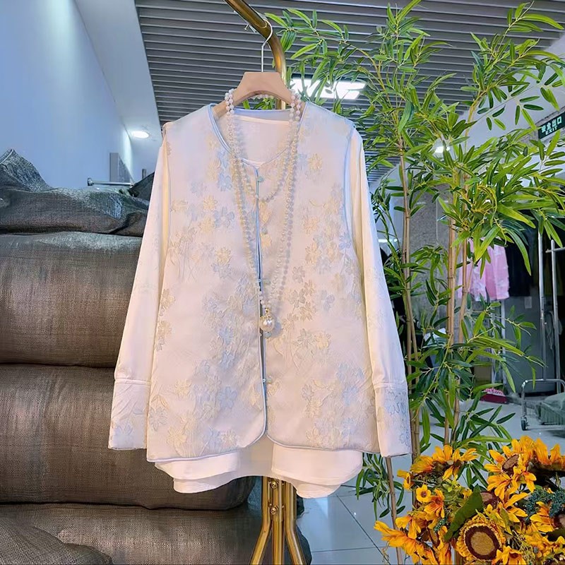 胖妹妹花朵国风马甲拼接袖口打底衫大码女装法式新中式春秋两件套