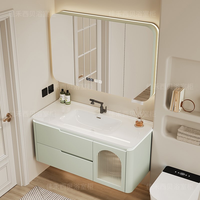 橡木浴室柜智能组合奶油风烤漆洗漱台陶瓷一体盆智能洗手洗脸盆柜