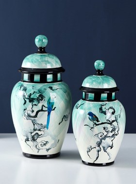 新款创意北欧现代简约花鸟画陶瓷罐子样板房N会所展厅个性装饰摆