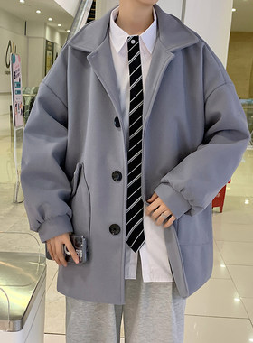 秋冬季复古加厚毛呢大衣男士宽松韩版潮流情侣呢子小西服外套风衣