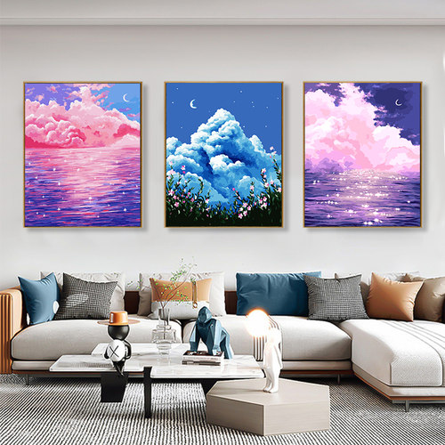 数字油画diy填色画风景客厅沙发三联三拼手工绘填充油彩画装饰画