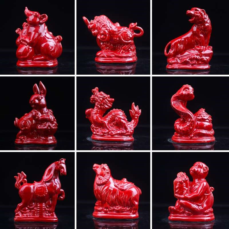 新款红釉陶瓷十二生肖摆件鼠牛虎兔龙蛇马羊猴鸡狗猪客Z厅家居摆