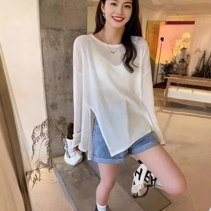 透视冰丝上衣夏季不规则长袖面膜t恤女宽松薄款开叉防晒衣罩衫潮