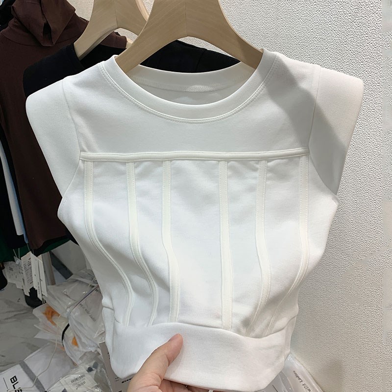 速发白色正肩t恤无袖骨腰小衫短肩洋气垫款鱼卡别致设计感上衣体