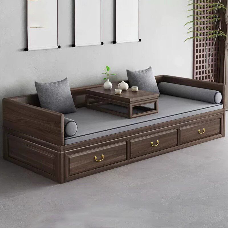 速发新中式全实木罗汉床胡桃木小户型客厅禅意家用折叠储物沙发罗