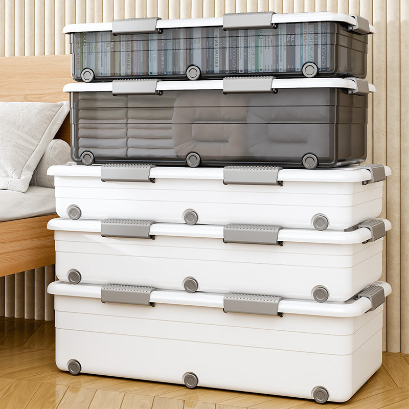 速发床帮手床底收纳箱塑平带轮抽屉式衣服被子透明扁料整理佳下收