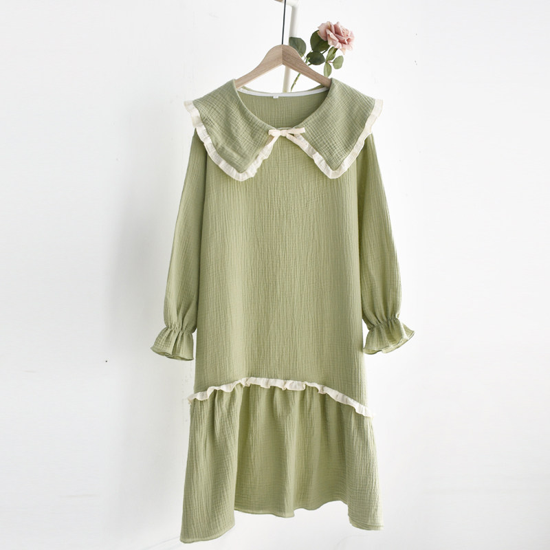 速发甜美睡裙士春秋夏季纯薄纱布棉款长袖花边家服居睡衣裙子