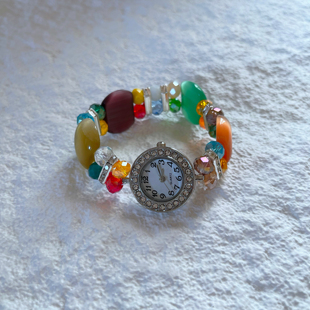 27Usr 绝美猫眼石水晶串珠手链镶钻手表彩色夏日多巴胺弹力女手环
