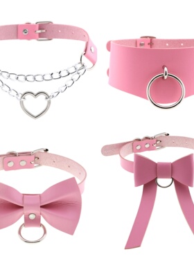 27Usr 粉色皮革蝴蝶结项圈脖圈日系涩谷朋克甜酷项链choker女配饰