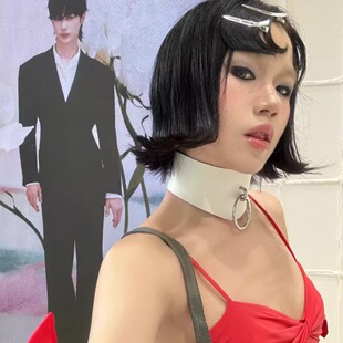 简约朋克风辣妹时髦男女颈圈脖子项链遮颈纹 纯色宽边皮革项圈个性