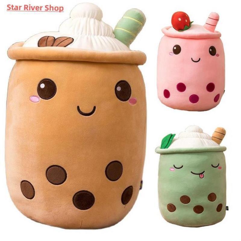 Cute Boba Milk Tea Plushie Toy Soft Stuffed Apple Pink Straw