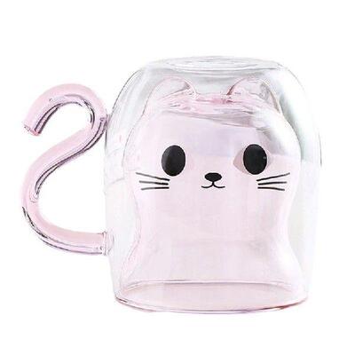 Cute Pink Cat Double Walled Insulated Glass Mug With Cat