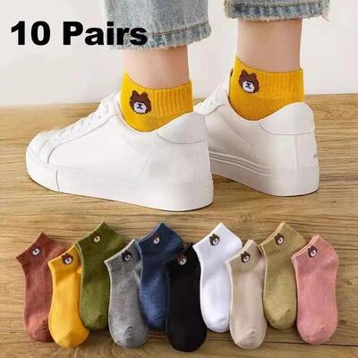 10 Pairs Women Low Socks Set With Cute Bear Pattern Fashiona