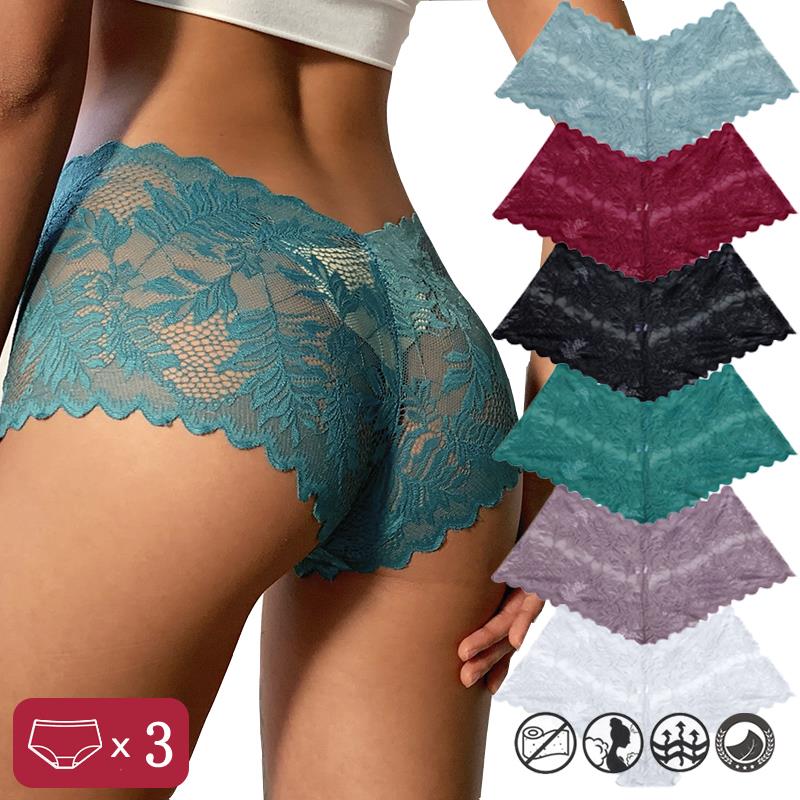 3PCS Women Sexy Lace Panties Floral Perspective Uderwear