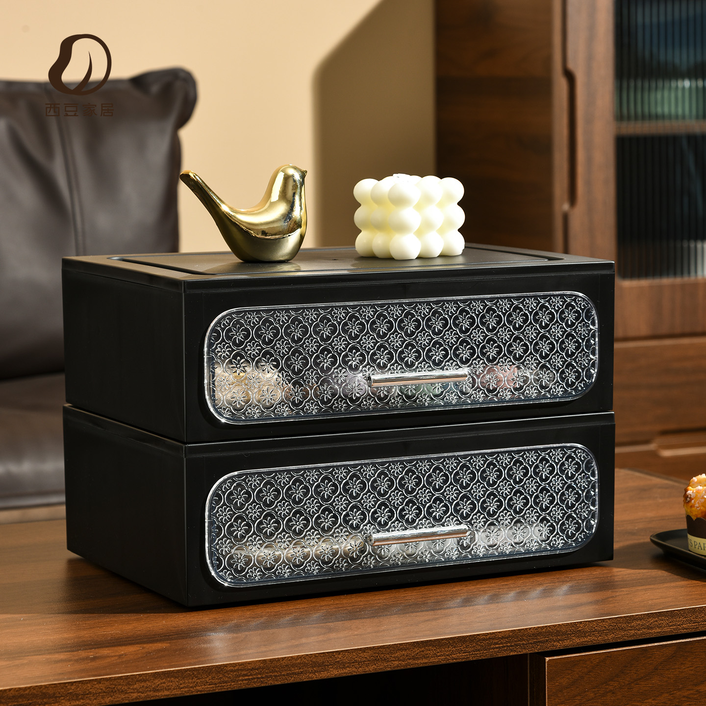 西豆复古收纳盒桌面客厅杂物整理中古风可叠加玄关透明抽屉置物架