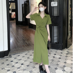 遮肚子a字梨形身材开叉衣裙 大码 绿色多巴胺法式 收腰长裙夏季