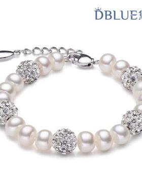 韩版淡水珍珠手链 9-10mm强光珍珠手链 扁圆淡水珍珠镶钻手链