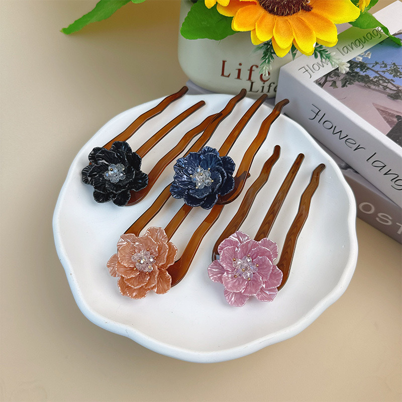 花朵簪子古典宫廷盘发发饰U型发簪成人发钗三齿发梳发饰花苞头
