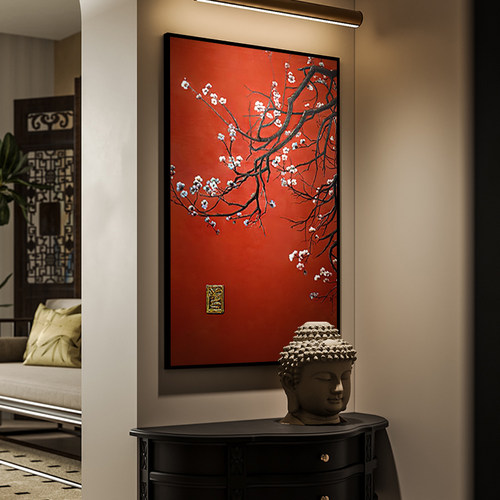 新中式竖版铝合金装饰画客厅走廊玄关花鸟挂画书房茶室中国红壁画