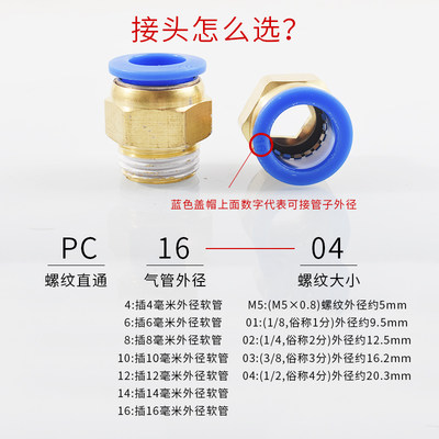 铜气管快速接头气动螺纹直通PC8-02气管快插PC4-M5/6-01/PCF12-04