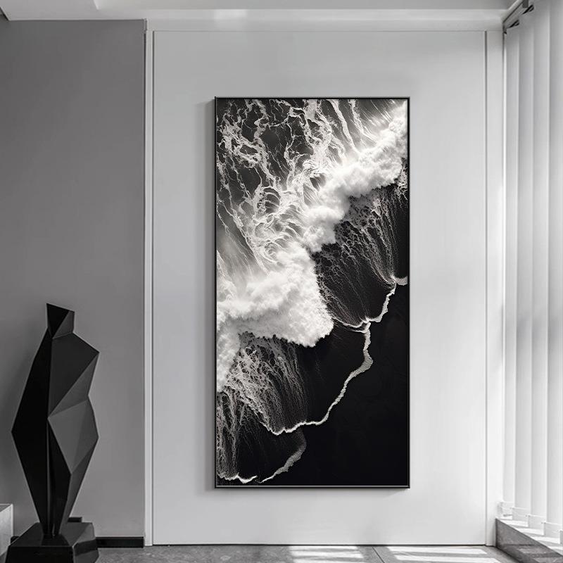 入户玄关装饰画高级感黑白大海2025新款走廊过道尽头正对门壁挂画