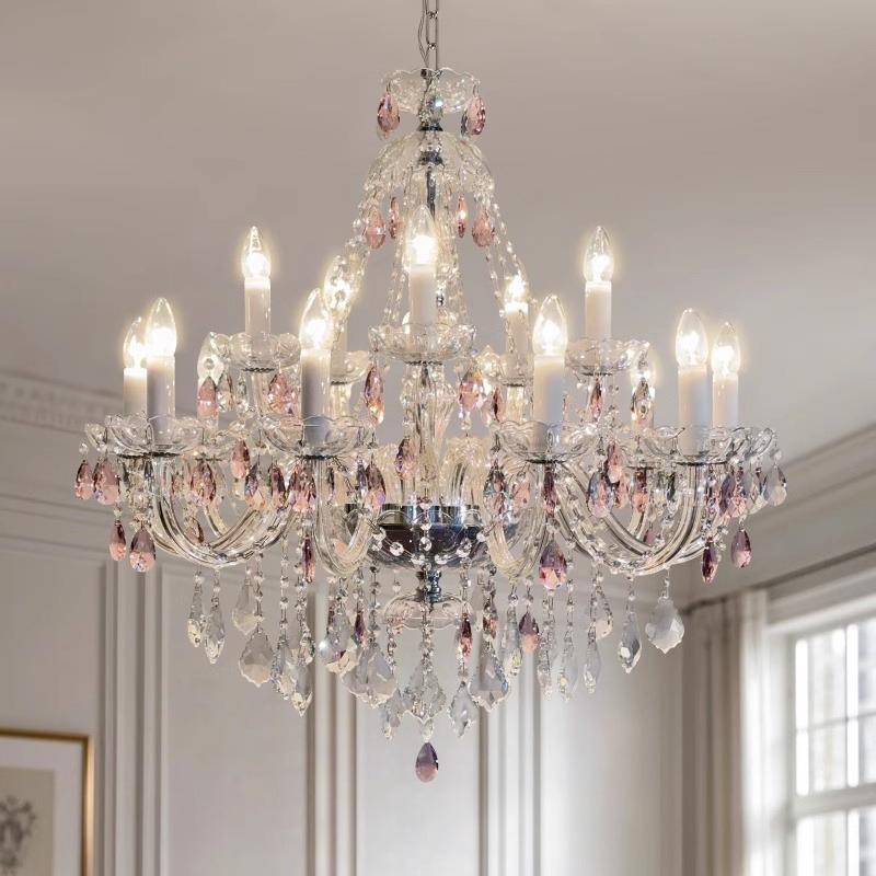 法式轻奢水晶吊灯新款客厅主灯餐厅吊灯高级感女孩房粉色卧室灯具