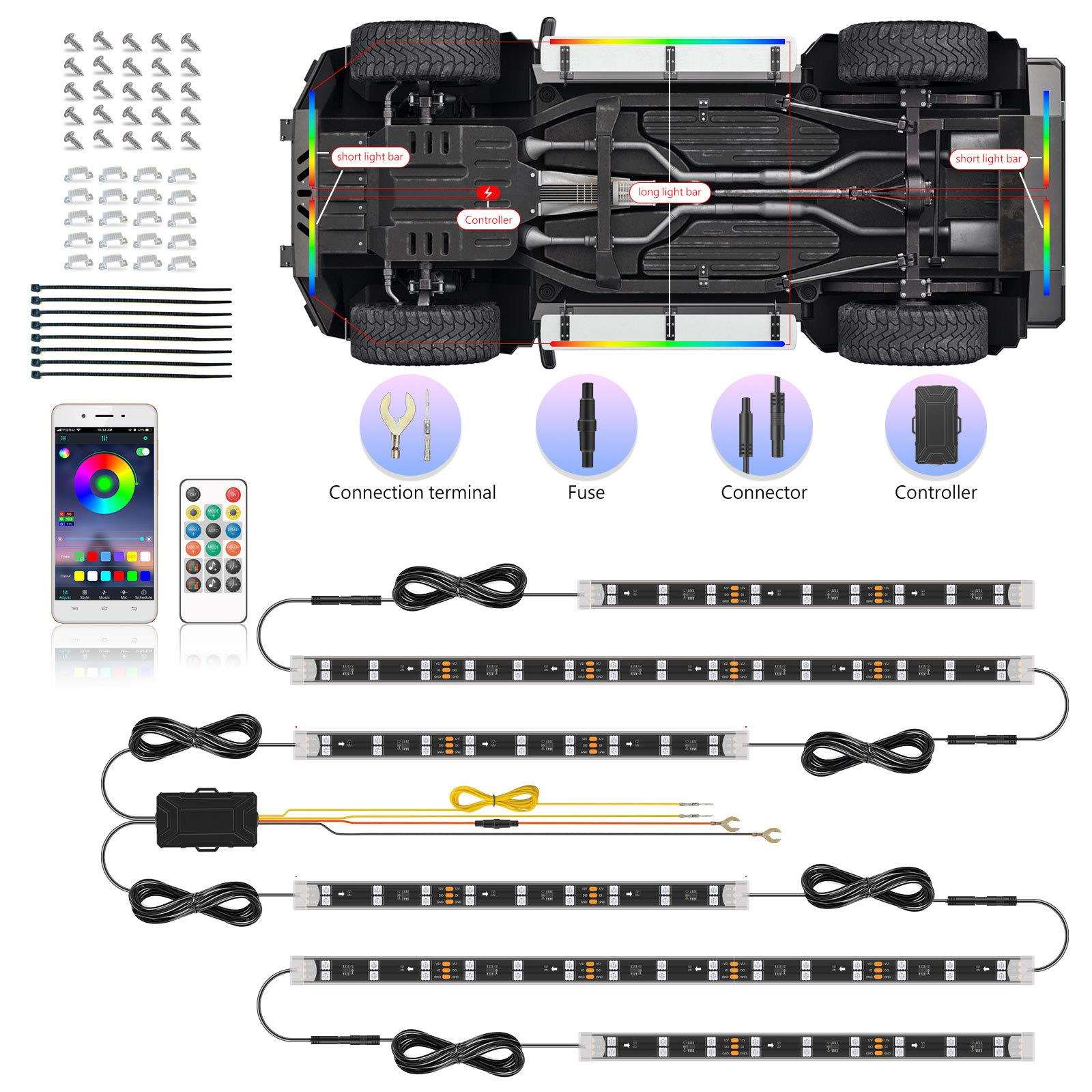 跨境RGB双排幻彩底盘灯APP多功能警示跑马氛围灯led带转向流水灯