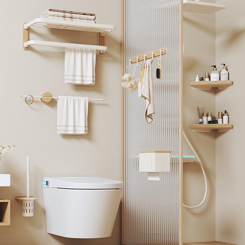 奶白色免打孔洗澡间多功能置物架浴室原木挂件套装太空铝浴巾架子