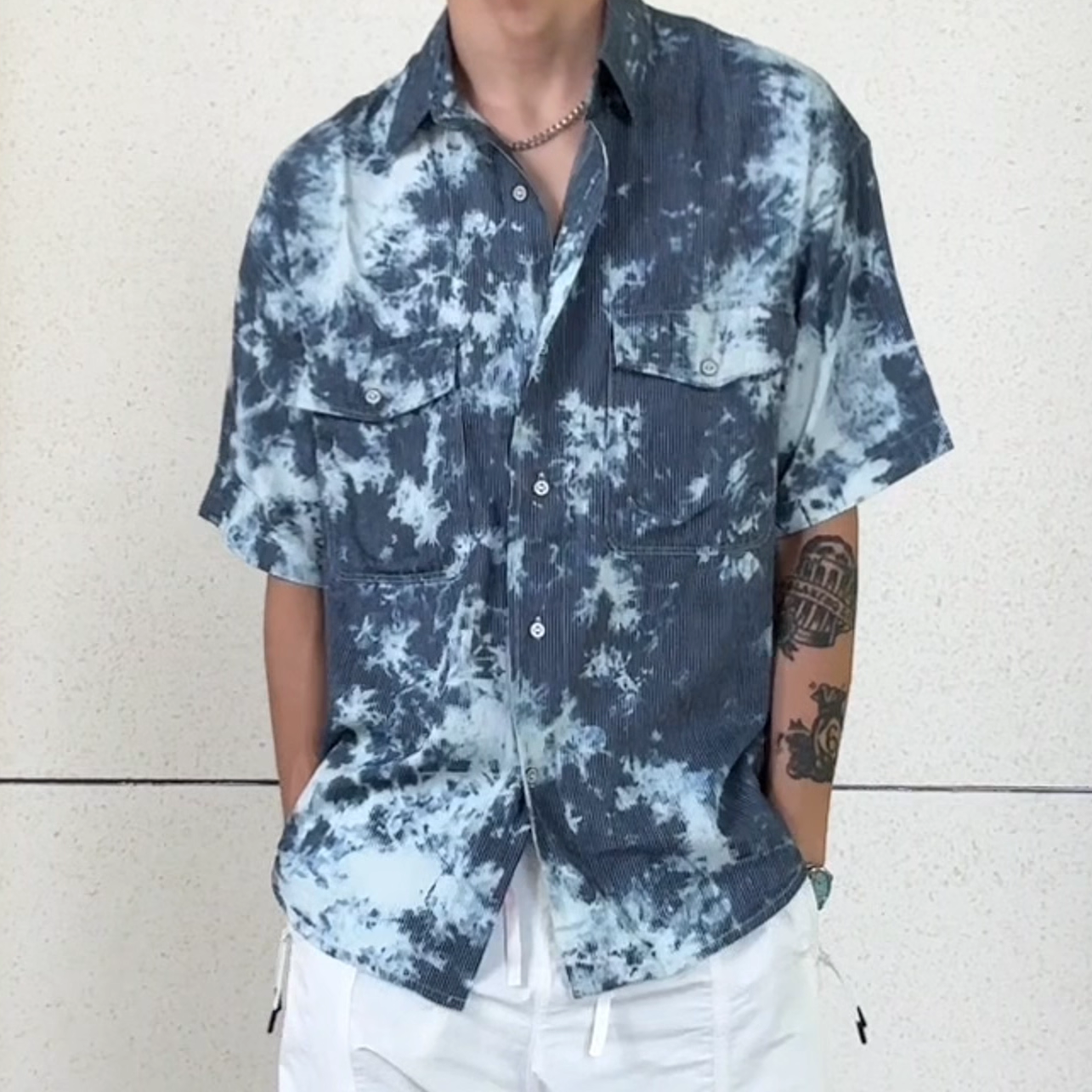 夏季扎染牛仔短袖衬衫男潮流街头