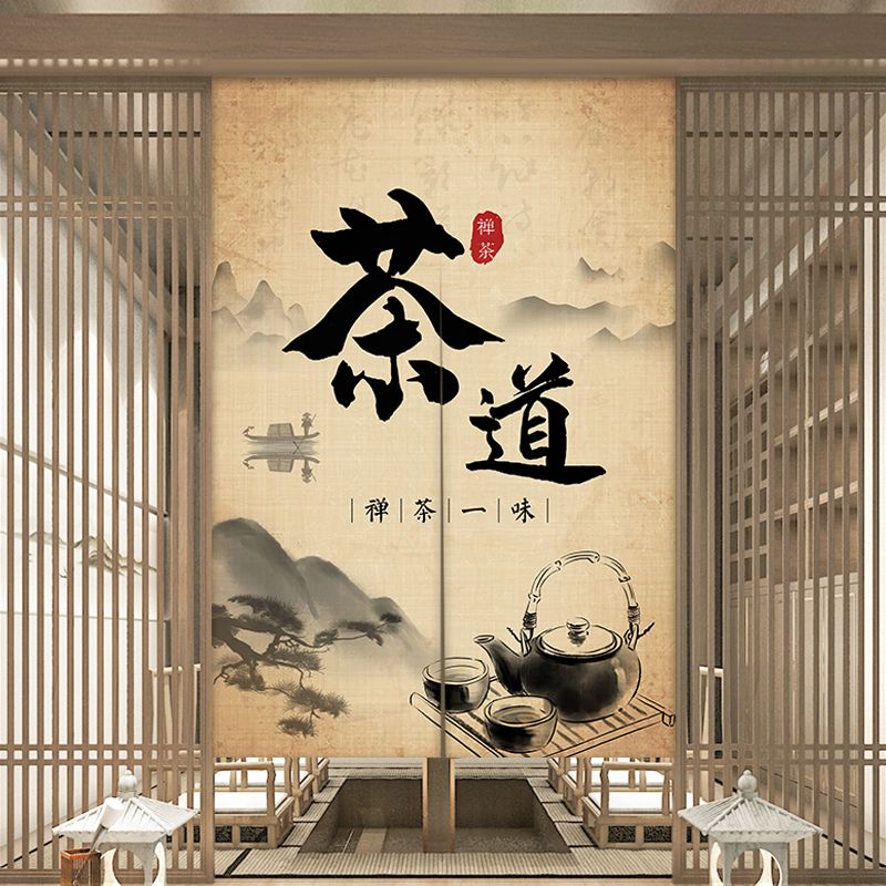 中国风禅意门帘卧室客厅免打孔半帘洗手间隔断帘茶室复古遮挡帘子