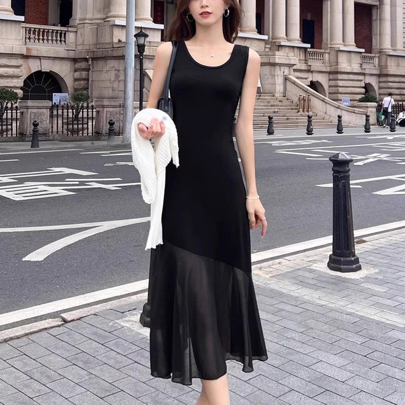 莫代尔连衣裙女2025夏季新款背心长裙拼接雪纺小黑裙打底吊带裙子