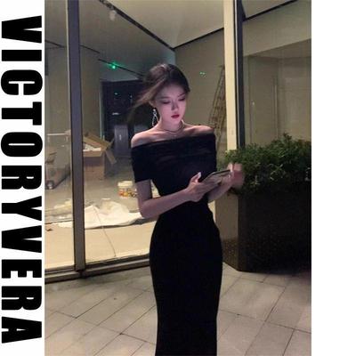 御姐风一字肩黑色连衣裙女2025夏季新款连身裙修身包臀长裙