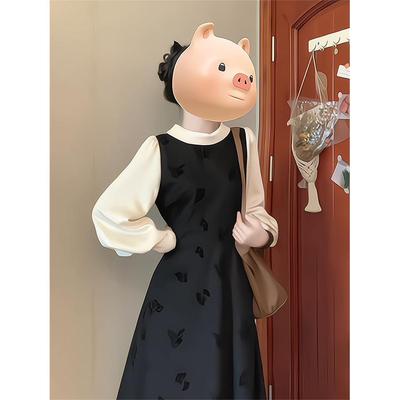 秋冬连衣裙女新款黑白高级假两件套装法式长袖碎花小个子气质长裙