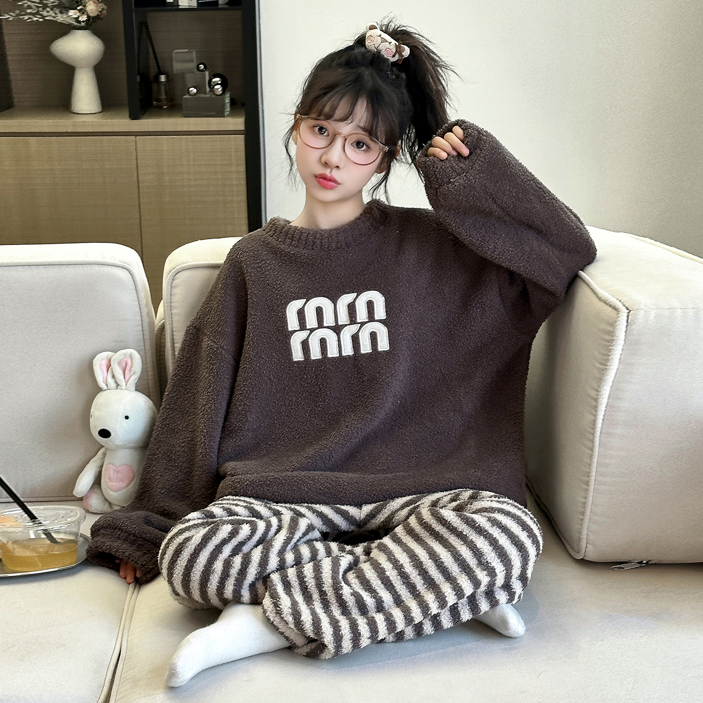 女童秋冬款加厚家居服套装睡衣潮