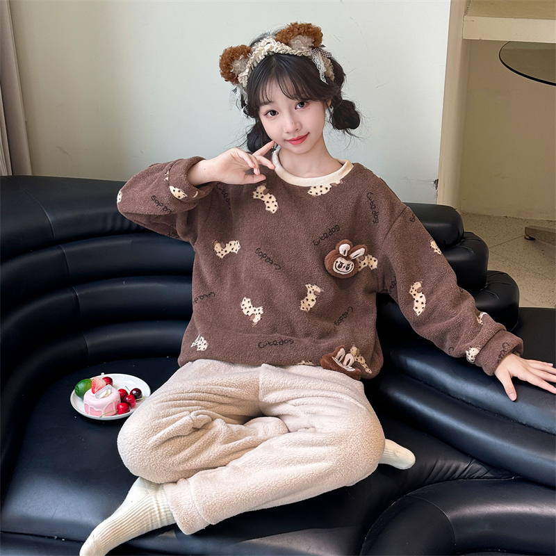 女童冬季加厚家居服套装加绒睡衣