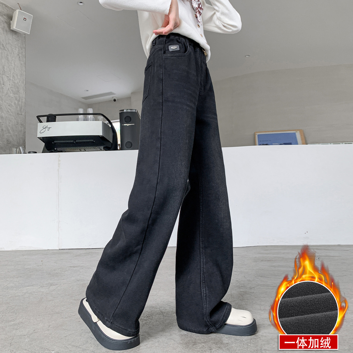 女童冬季加绒加厚裤子阔腿牛仔裤