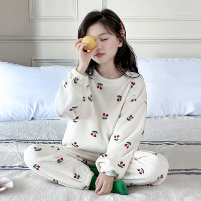 女童春秋款加厚珊瑚绒睡衣套装潮