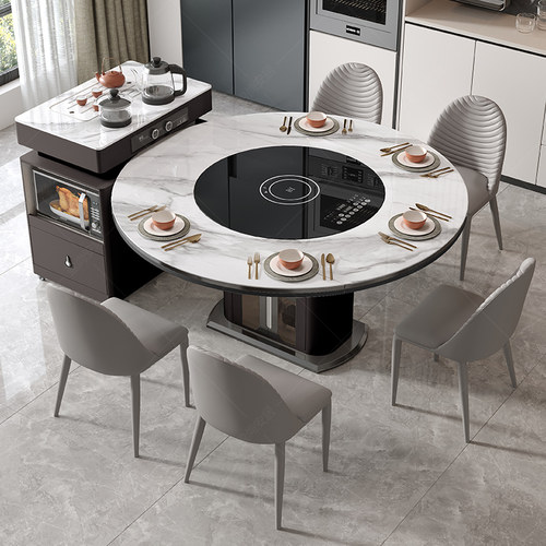 可伸缩岩板岛台餐桌一体暖菜转盘