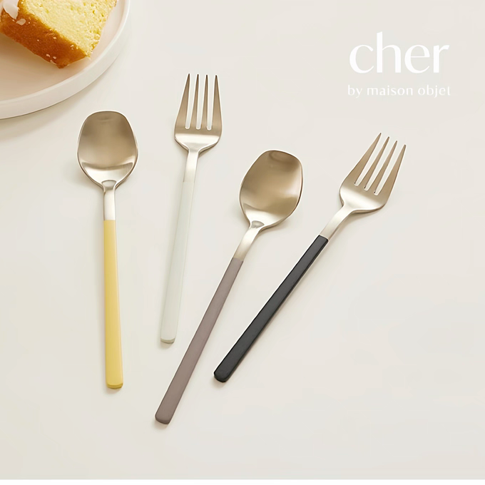 【韩国原单】韩式Cher茶勺叉304不锈钢喷漆手柄甜品水果叉勺2件套