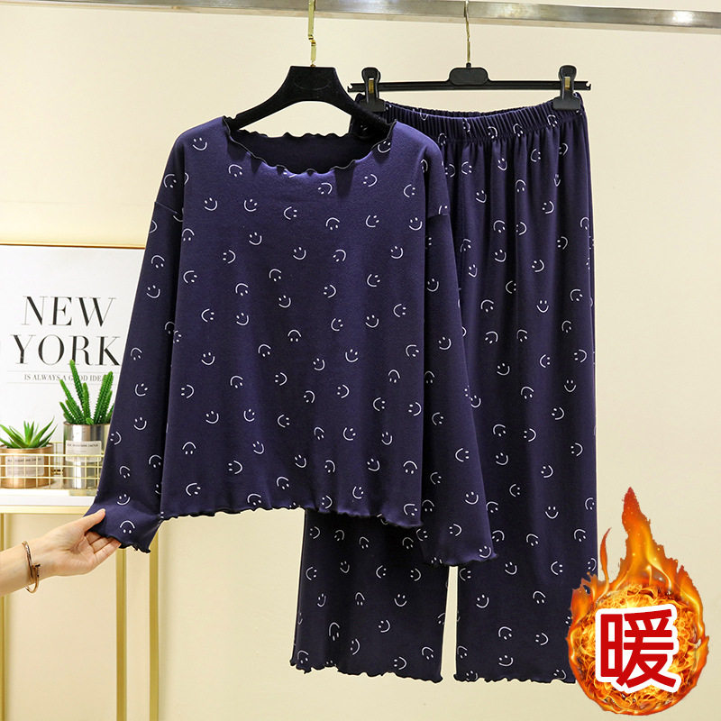 德绒飞边保暖家居服套装冬季新款笑脸睡衣休闲居家大码加绒