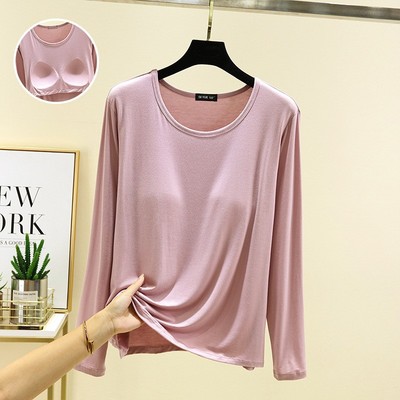 莫代尔圆领胸垫长袖T恤女春薄款内搭休闲打底衫简约纯色宽松上衣
